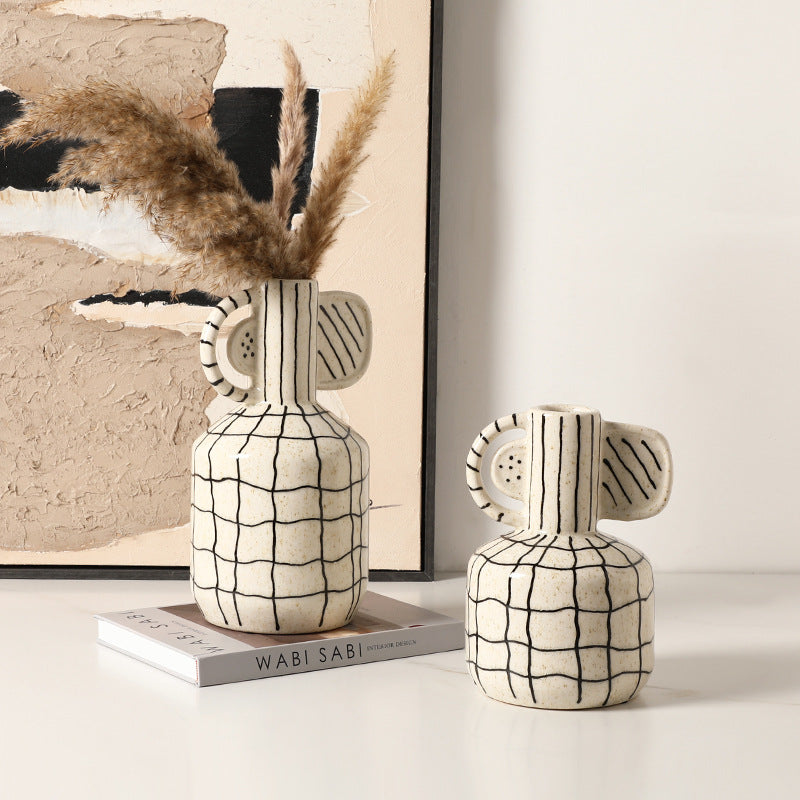 Wabi-Sabi Style Hand-Painted Geometric Line High-Neck Vase