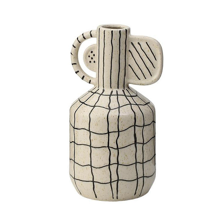 Wabi-Sabi Style Hand-Painted Geometric Line High-Neck Vase