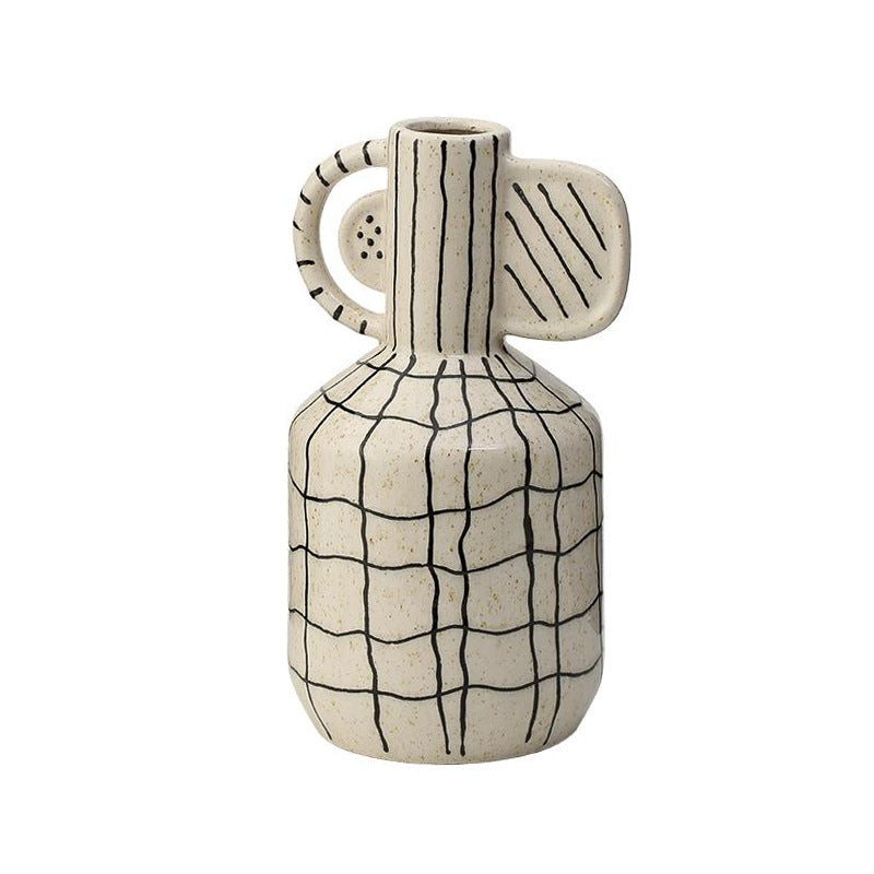 Wabi-Sabi Style Hand-Painted Geometric Line High-Neck Vase