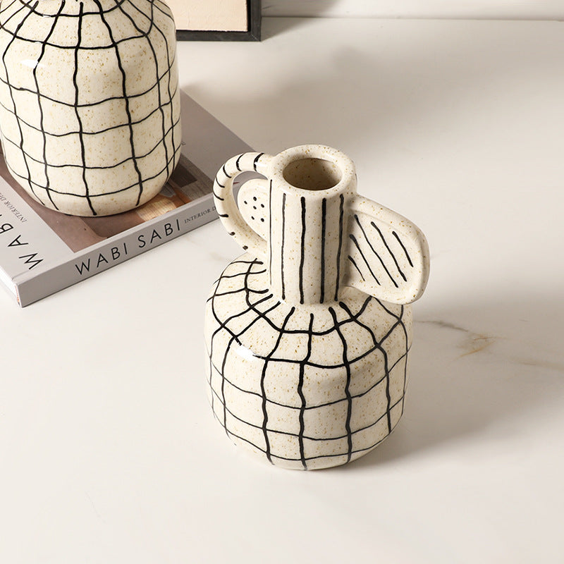 Wabi-Sabi Style Hand-Painted Geometric Line High-Neck Vase
